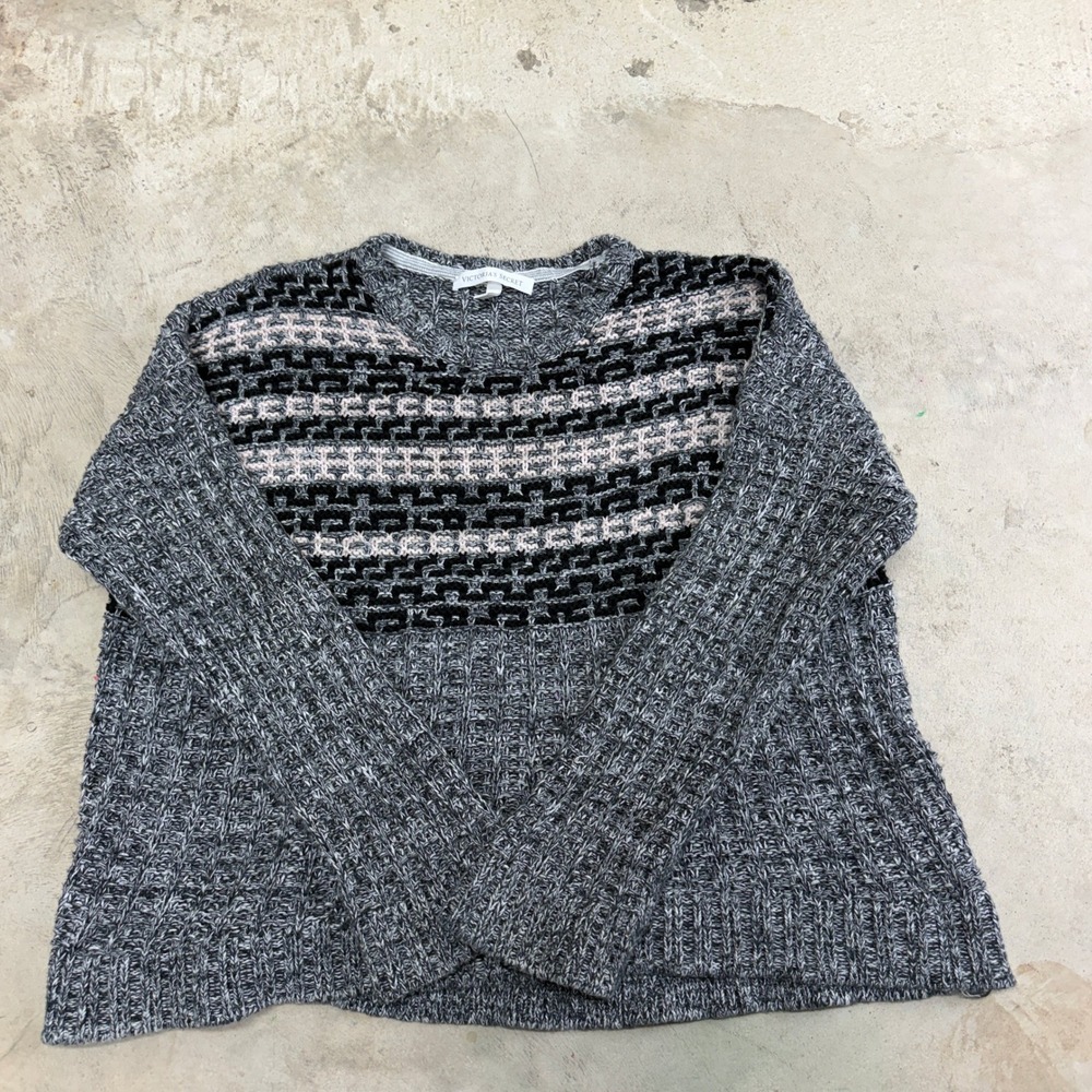 VICTORIAS SECRET Sweater Size S P Grey Black Pink Stripe Knit Cotton Long Sleeve